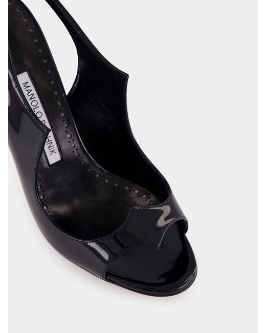 Manolo Blahnik White Minza High-Heeled Patent Leather Slingback Sandals