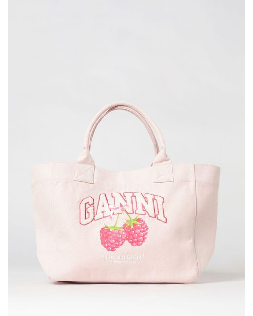 Ganni Pink Large Recycled Cotton Canvas Tote Bag With Printed Logo