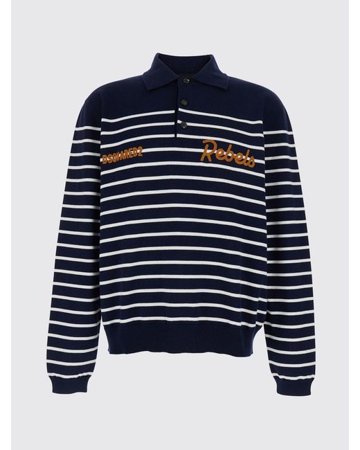 DSquared² Blue Relaxed Fit Striped Knit Long-Sleeve Polo Shirt for men