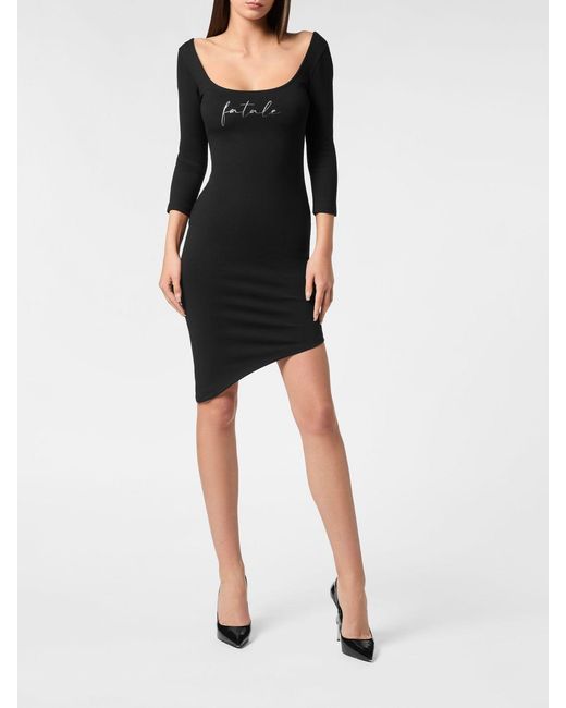 Philipp Plein Black Asymmetric Jersey Sheath Mini Dress With Rhinestone Logo