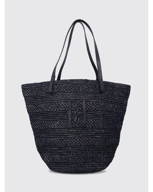 By Malene Birger Blue Raffia Shoulder Bag With Leather Handles And Embroidered Logo