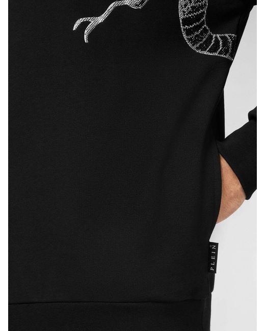 Philipp Plein Black Cotton Hoodie With Snake Embroidery And Rhinestones for men