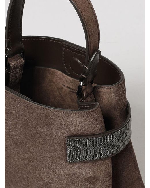 Brunello Cucinelli Brown Small Suede Handbag With Monili Embellishment