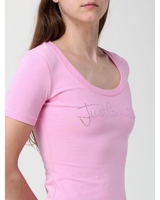 Just Cavalli Pink Cotton T-Shirts With Rhinestone Logo