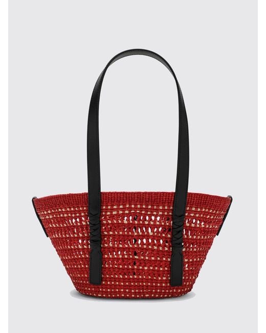 Loewe Red Small Crochet Raffia Shoulder Bag With Leather Handles