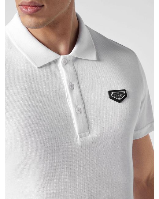 Philipp Plein White Slim Fit Cotton Polo Shirt With Hexagon Logo And Ribbed Collar for men
