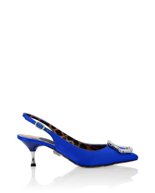 Philipp Plein Blue Satin Slingbacks With A Jewel Buckle And Mid Heel