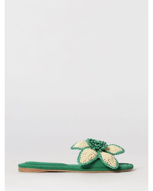 Paloma Barceló Green Suede Low-Heeled Open-Toe Mules Paloma Barceló With Raffia Flower