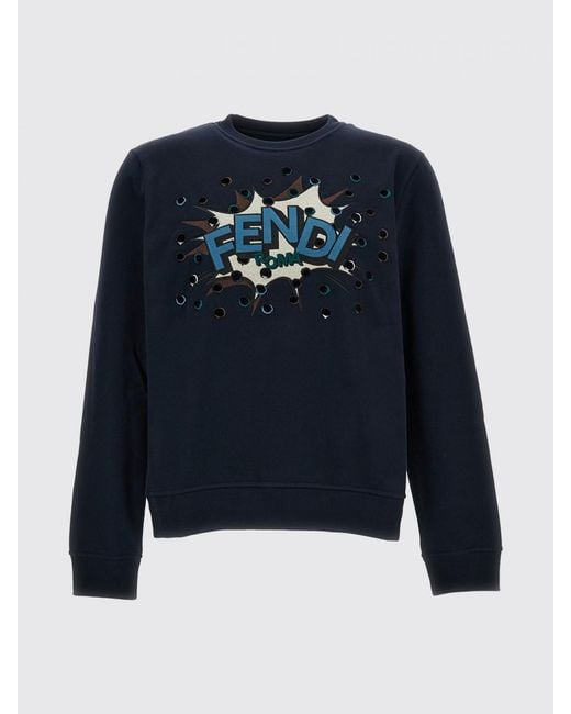 Fendi Blue Cotton Crewneck Sweatshirt With Cartoon Effect Logo for men