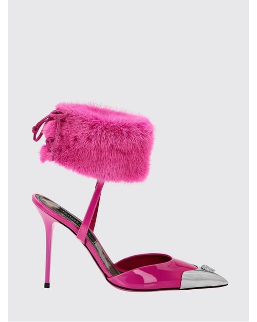 Philipp Plein Pink Patent Leather Slingback Pumps With Skull And Stiletto Heel