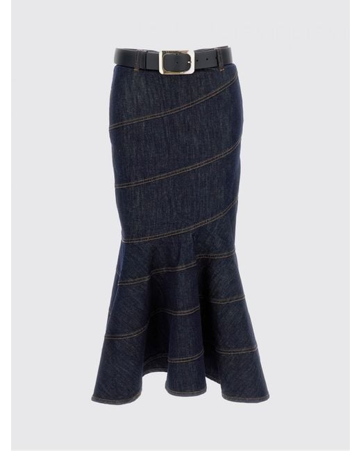 Self-Portrait Blue Striped Denim Flared Midi Skirt With High Waist And Belt