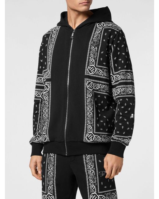 Philipp Plein Black Relaxed Fit Zip-Up Jersey Hoodie With Paisley Print for men