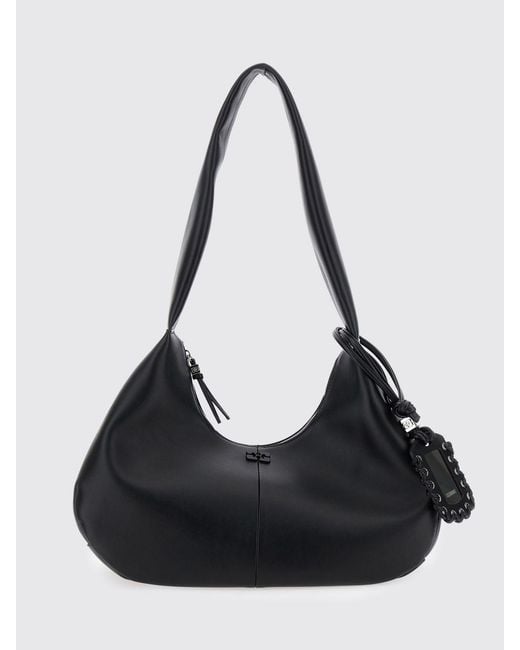 Ganni Black Recycled Leather Hobo Bag With Tone-On-Tone Butterfly Logo Charm