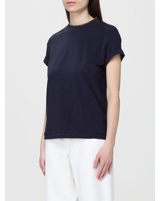Brunello Cucinelli Blue Basic Cotton T-Shirt With Monile