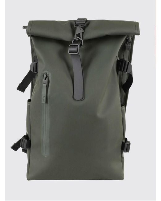 Rains Green Rolltop Rucksack Waterproof Backpack With Carabiner Closure for men