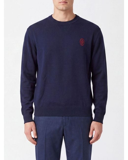 Drole de Monsieur Blue Merino Wool Blend Crewneck Jumper With Embroidered Logo for men