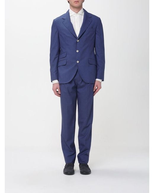 Brunello Cucinelli Blue Single-Breasted Linen Blend Suit for men