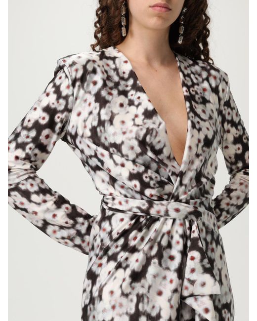 Philosophy Di Lorenzo Serafini White Elegant Floral Print Wrap Dress With Tie Closure And Long Sleeves