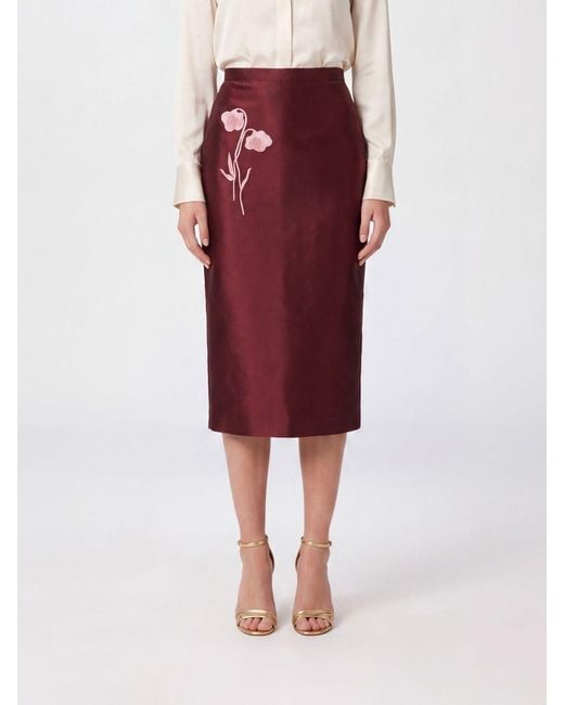 Erdem Red Floral Silk Blend High-Waisted Midi Pencil Skirt