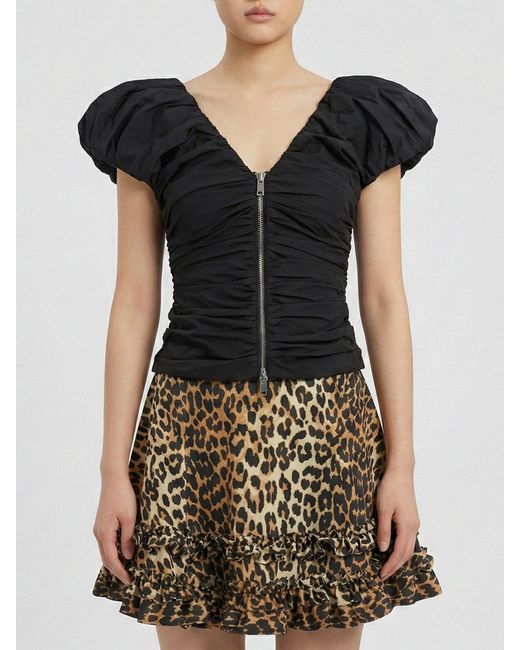 Ganni Black Ruched Cotton Top With Zip