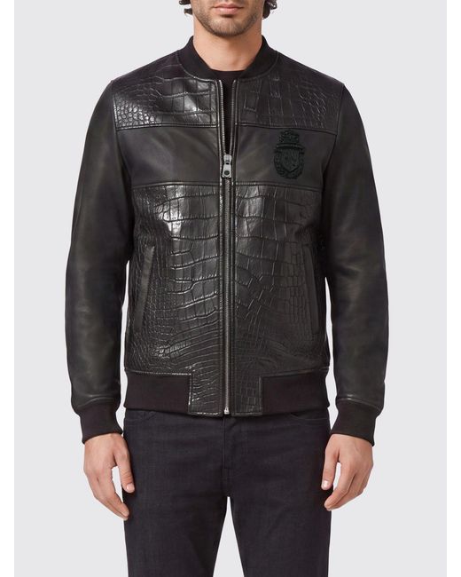 Billionaire Black Nappa And Crocodile Leather Bomber Jacket With Crest for men