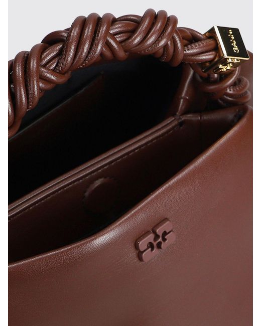 Ganni Brown Small Recycled Leather Handbag With Butterfly Logo And Braided Handle