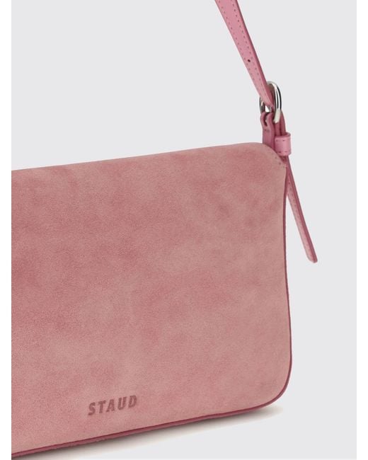 Staud Pink Harlow Suede Leather Shoulder Bag With Adjustable Handle