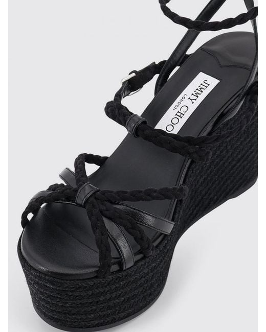 Jimmy Choo Black Nyra 100 Leather And Raffia Wedge Sandals