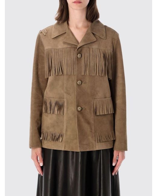 Ralph Lauren Natural Cropped Suede Lambskin Jacket With Fringes And Embroidery