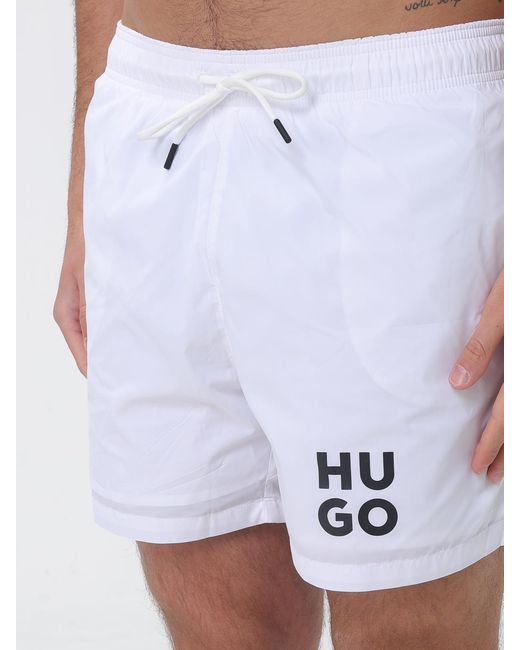 HUGO White Polyester Boxer Swim Trunks for men