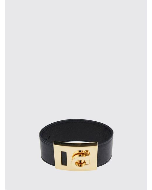 Ferragamo Black Lambskin Leather And Brass Bracelet With Logo Detail