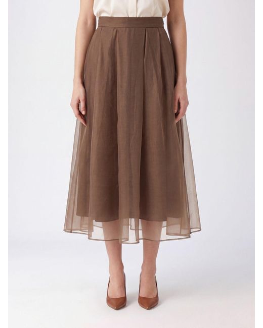 Brunello Cucinelli Brown High-Waisted Silk Midi Full Skirt