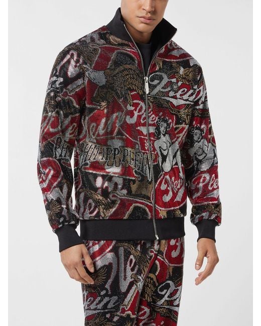 Philipp Plein Red High Neck Zip-Up Jersey Sweatshirt With Graphic Print And Rhinestones for men