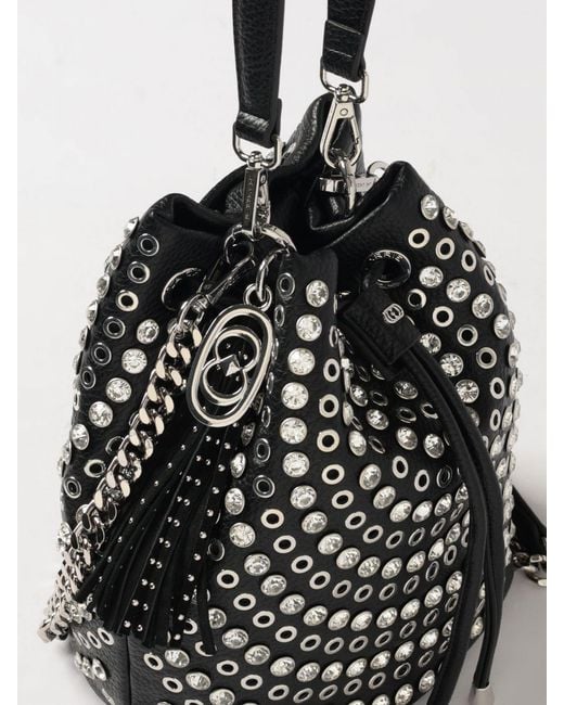 La Carrie Black Denim Bucket Bag With Metal Eyelets And Rhinestones