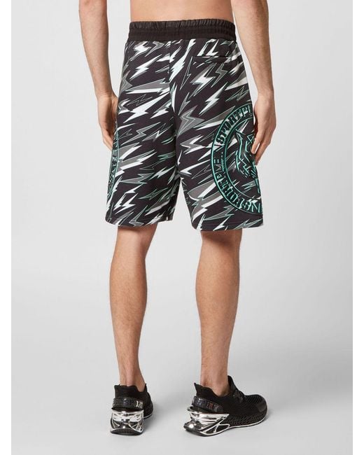 Philipp Plein Black Jersey Sports Shorts With Graphic Print And Drawstring Waist for men