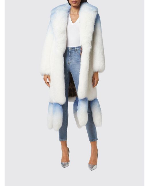 Philipp Plein Blue Abstract Pattern Fox Fur Coat With Fringes