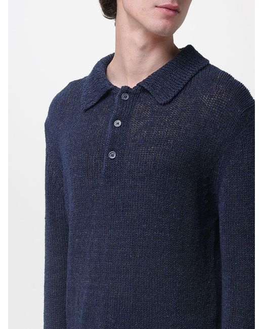 sunflower Blue Cotton And Linen Knit Polo Shirt for men