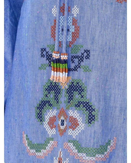 Farm Rio Blue Garden Tapestry Linen Dress With Embroidery