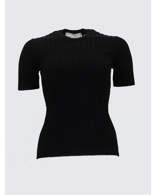 AMI Black Slim Fit Short-Sleeved Viscose Knit Top With Ribbed Trims