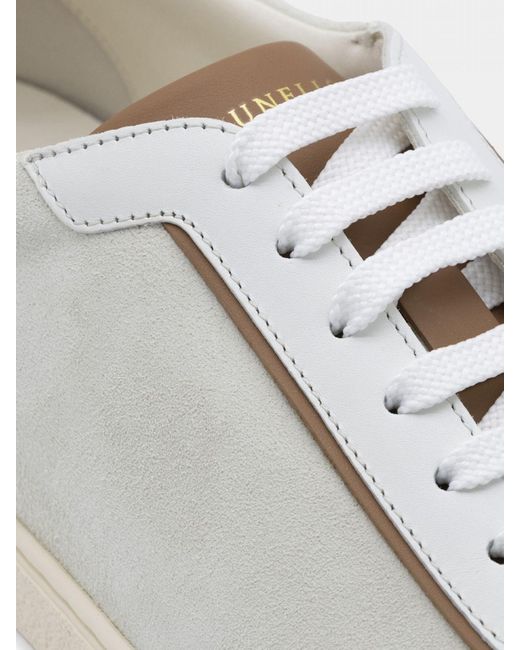 Brunello Cucinelli White Low Top Smooth And Suede Calfskin Sneakers for men