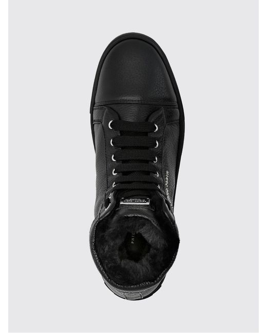 Philipp Plein Black High-Top Grained Leather Sneakers With Shearling Lining for men