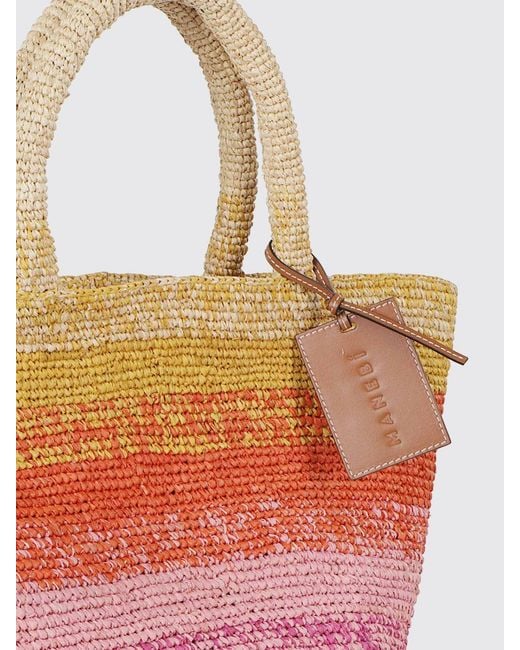 Manebí Pink Multicolour Striped Raffia Handbag With Logo Charm