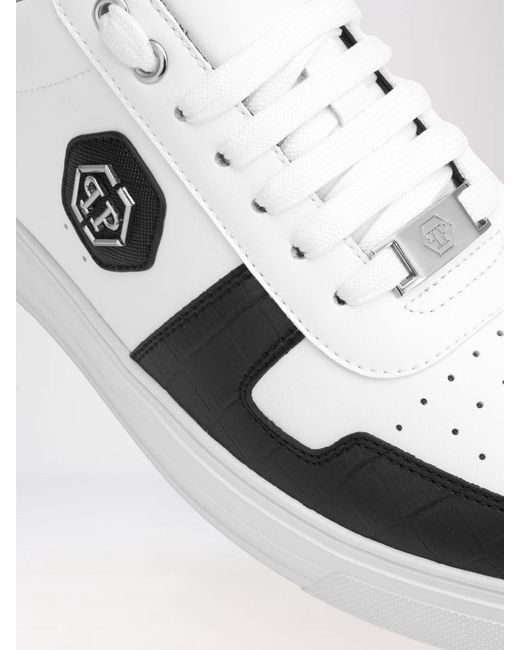 Philipp Plein White Low-Top Smooth Leather Sneakers With Hexagon Logo for men