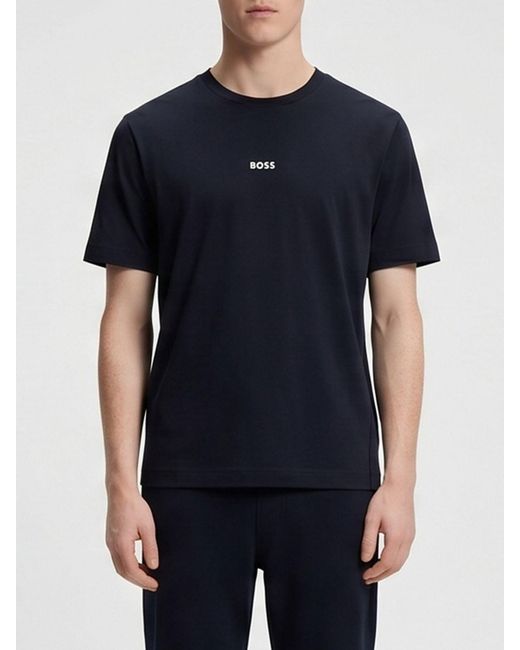 Boss Black Crew Neck Stretch-Cotton T-Shirt With Contrast Chest Logo for men