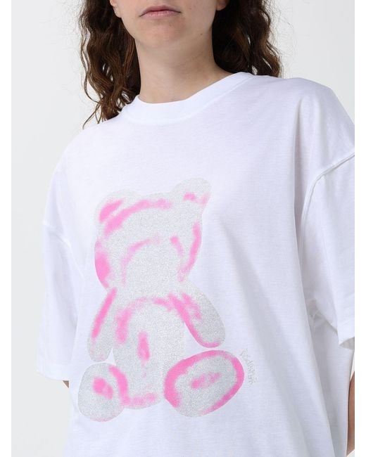 DISCLAIMER White Oversized Cotton T-Shirt With Teddy Bear Print And Crew Neck