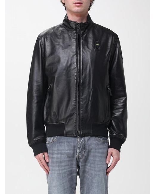 Blauer Black Leather Bomber Jacket for men