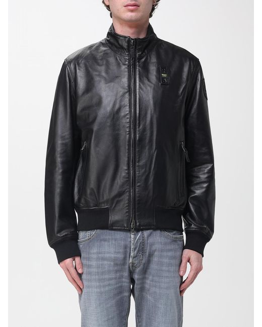 Blauer Black Leather Bomber Jacket for men