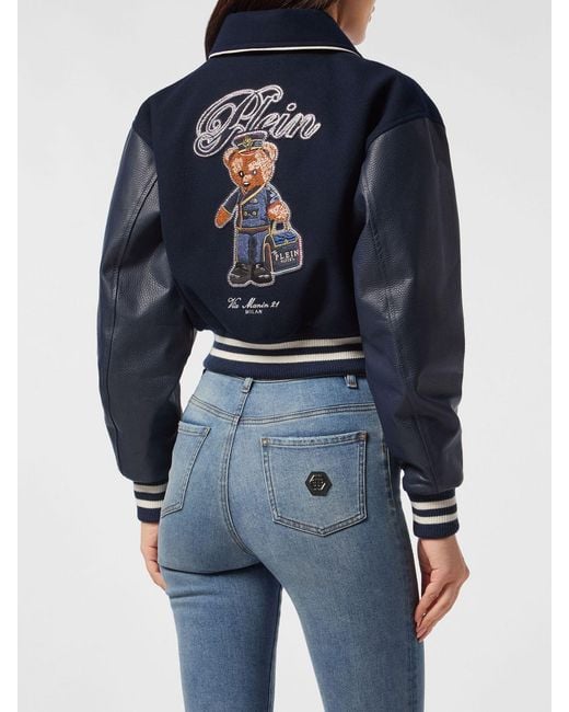 Philipp Plein Blue Cropped Satin Bomber Jacket With Logo And Teddy Bear Embroidery