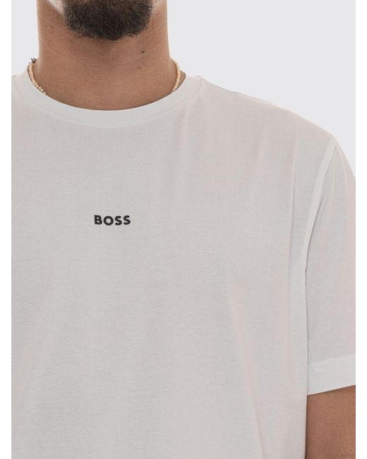 Boss White Crew Neck Stretch-Cotton T-Shirt With Contrast Chest Logo for men
