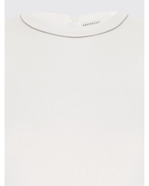 Brunello Cucinelli White Long-Sleeved Cotton T-Shirt With Monili Embroidery